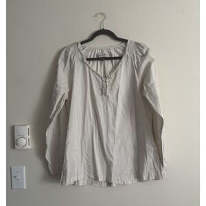 Bit & Bridle Womens Large V Neck Blouse‎ Balloon Sleeve Ivory Neutral Boho